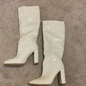 White Faux Leather Crocodile Knee High Boots